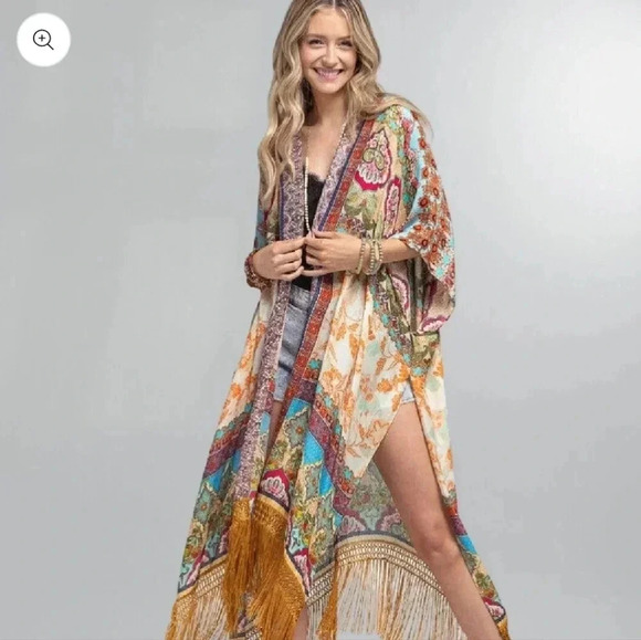 New! Boho Jaquard Print Fringe Kimono Coverup Wrap - Picture 9 of 9